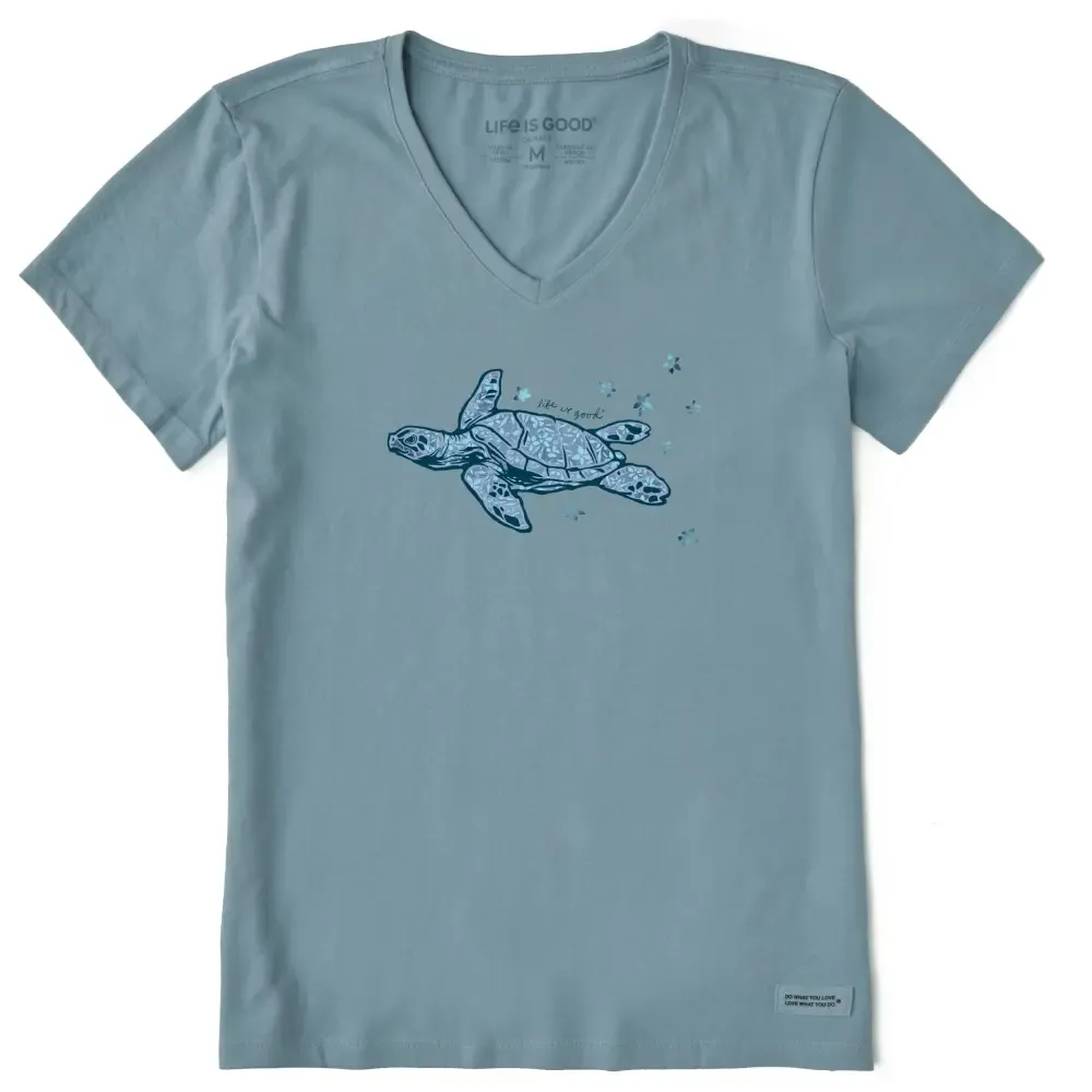 Women's Patterna Floating Floral Sea Turtle Short Sleeve Crusher Vee