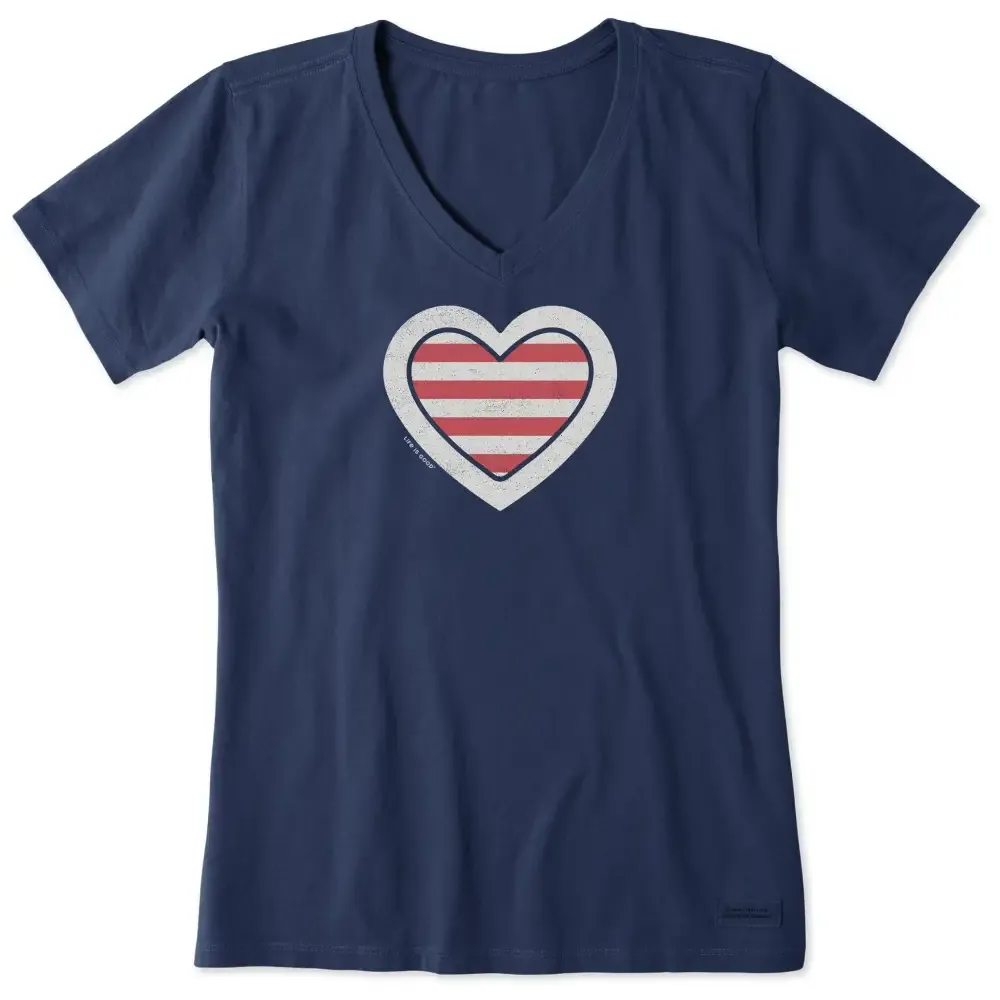 Women's American Striped Heart Short Sleeve Vee