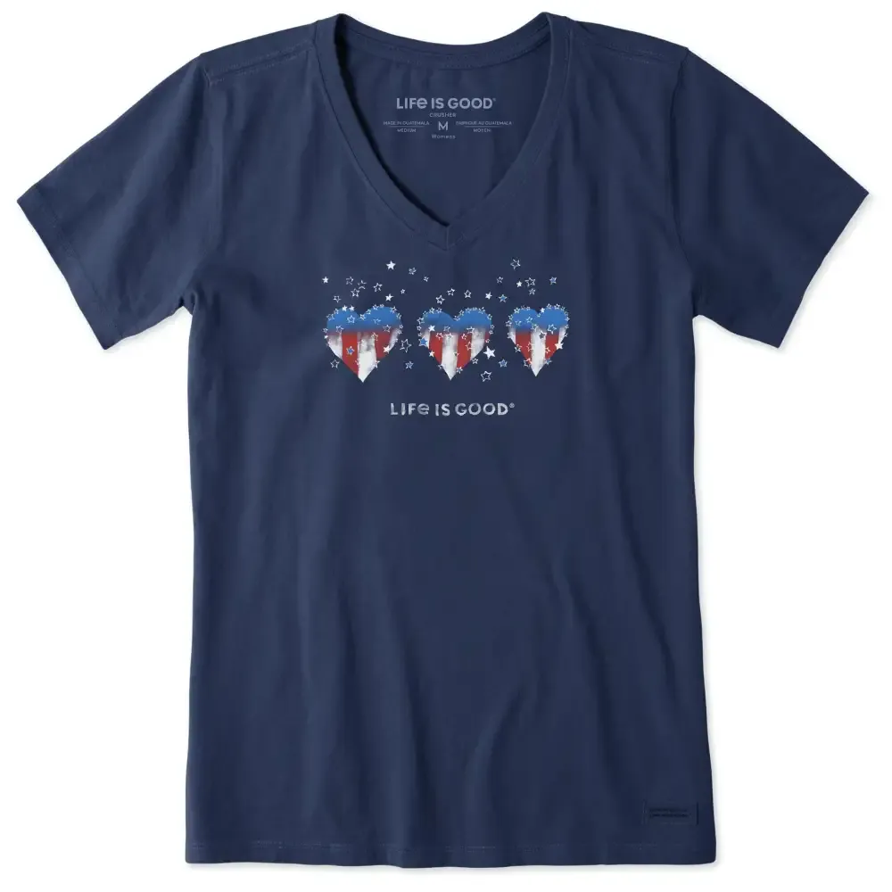 Women's Americana Hearts Stars and Stripes Short Sleeve Crusher Vee