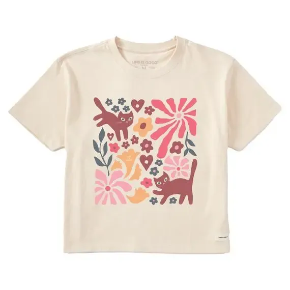 Women's Cats in Flower Field  Boxy Crusher Tee