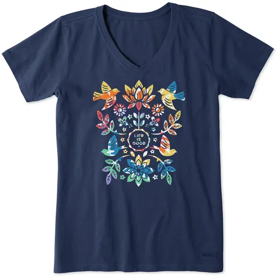 Women's Folk Art Garden Tie Dye Short Sleeve  Vee