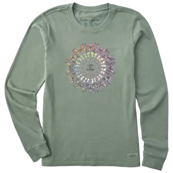 Women's Tie Dye Butterfly Daisy Mandala Long Sleeve Crusher Tee