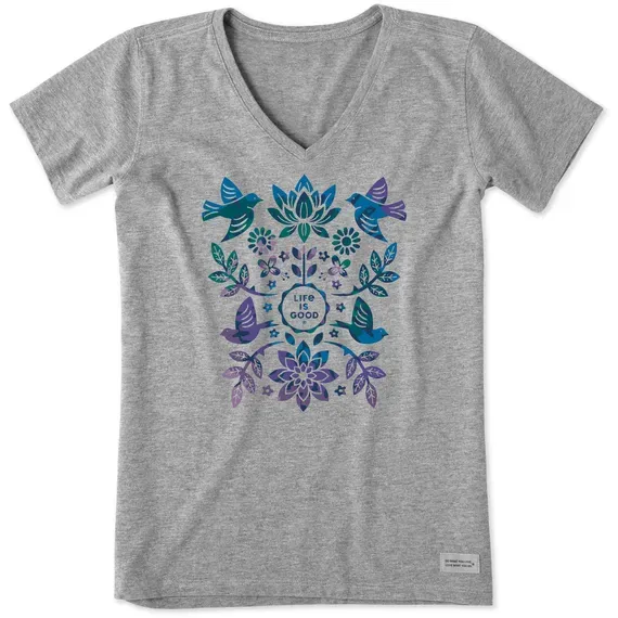 Women's Folk Art Garden Tie Dye Short Sleeve  Vee