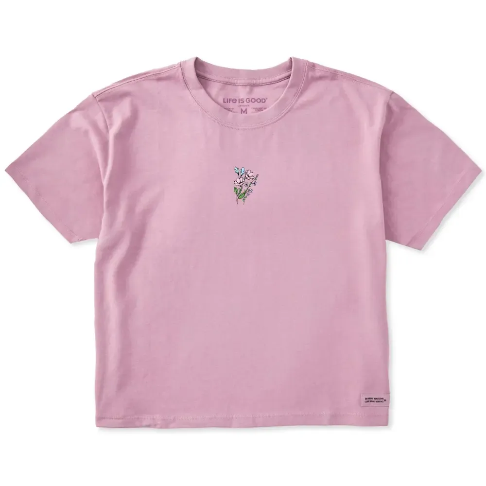 Women's Embroidered Wildflower Bouquet Short Sleeve Crusher Boxy Tee