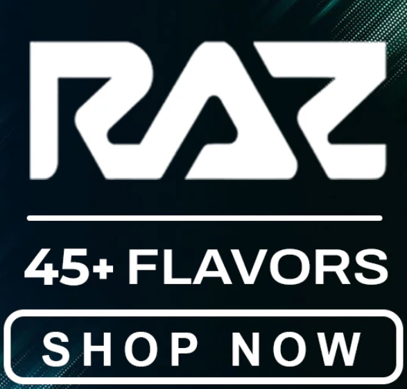 RAZ Vape logo with 45 flavors variety shop in website.