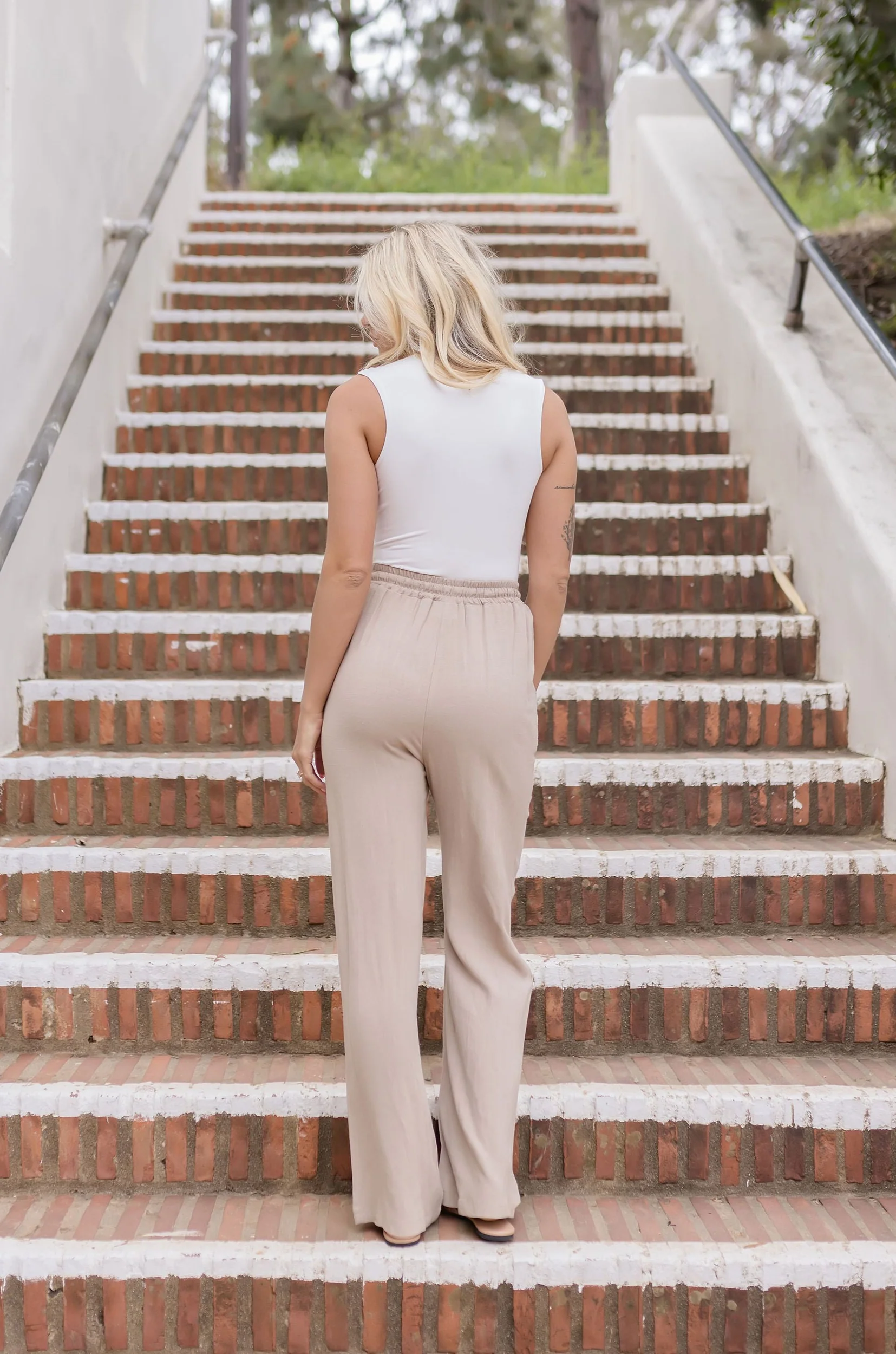 Janis Drawstring Linen Wide Leg Pants Taupe