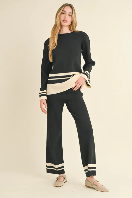 Waitlist 10/16 ♥ Beverly Long Sleeve Stripe Sweater Top And Pants Set Black