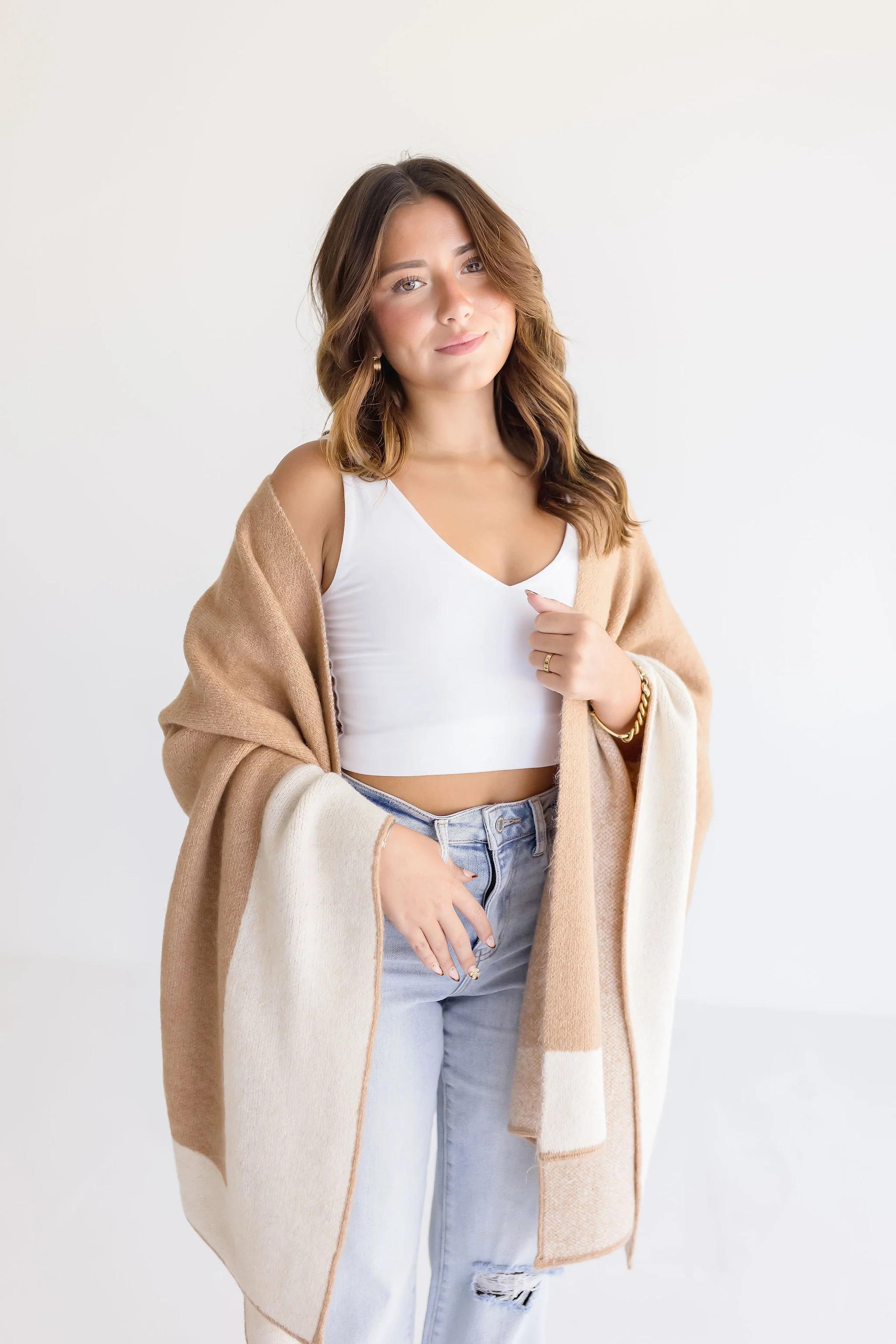 Phoenix Color Block Open Front Cardigan Taupe