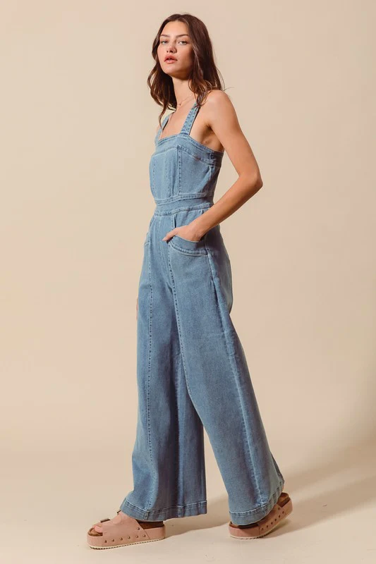 Cassidy Sleeveless Wide Leg Denim Jumpsuit Light Wash