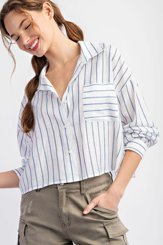 Hadley Long Sleeve Button Down Stripe Print Crop Top Blue