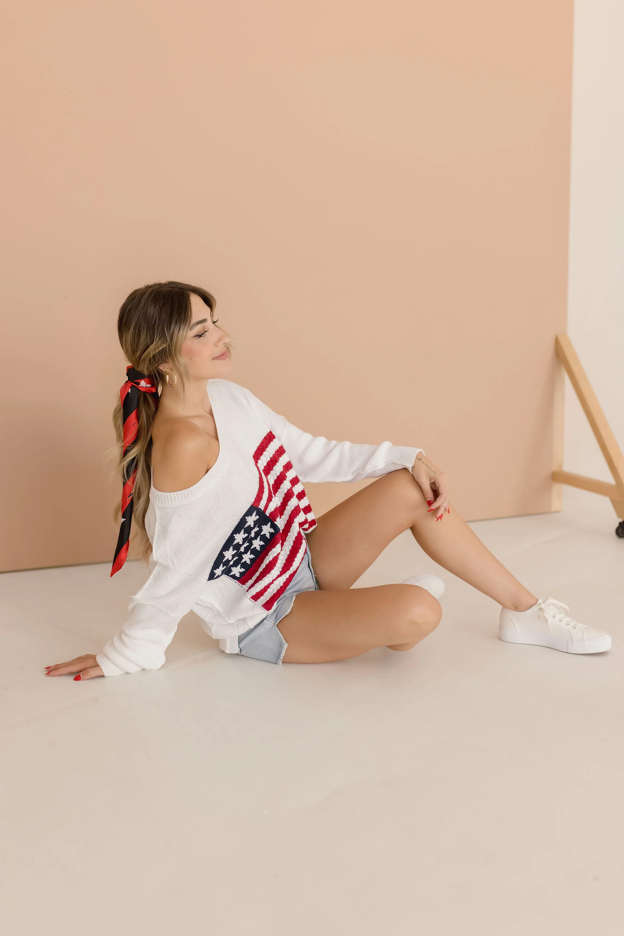 America Flag Print Sweater Top White