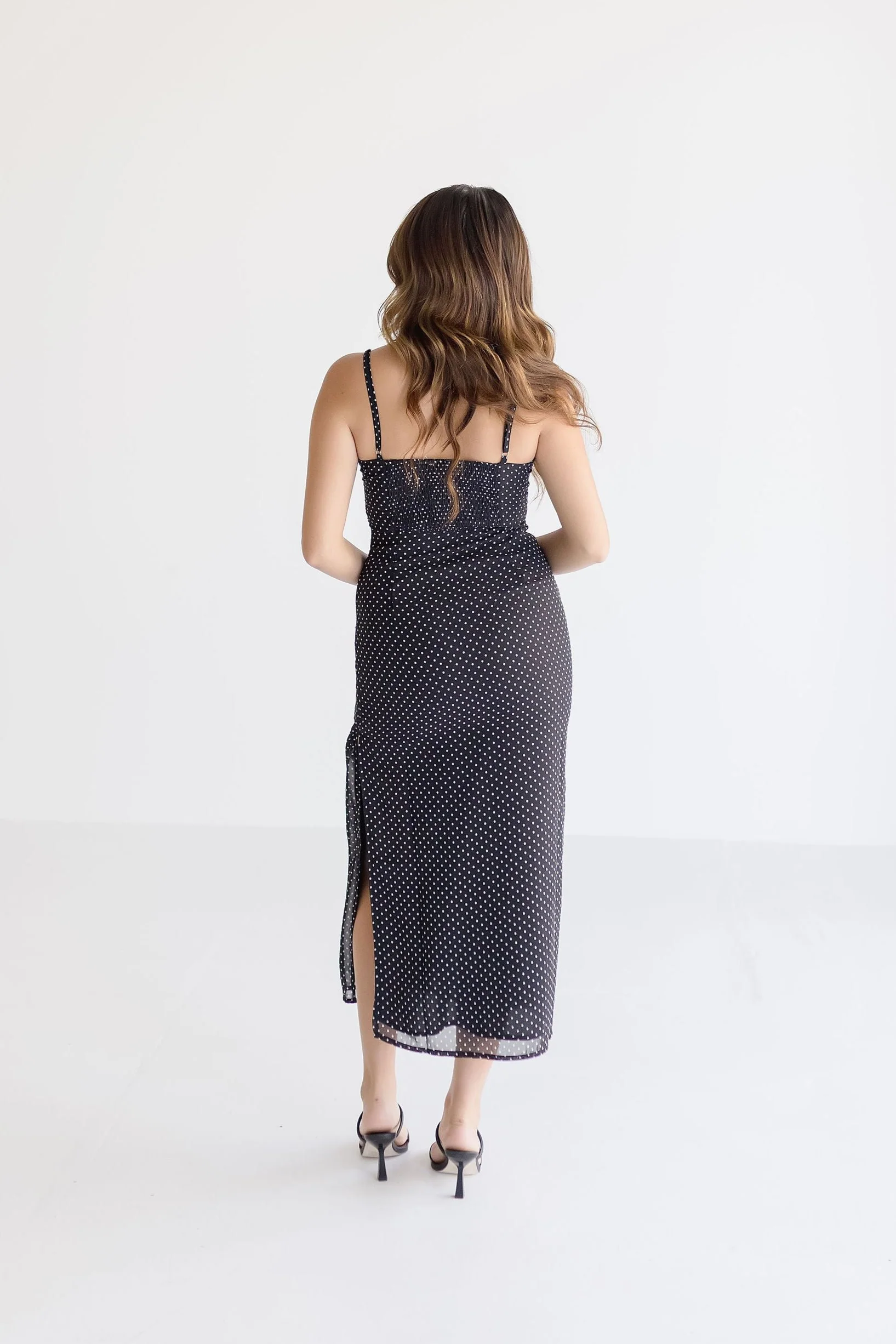 Eden Sleeveless Polka Dot Print Midi Dress Black