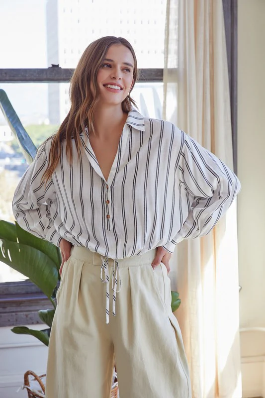 Colleen Long Sleeve Drawstring Stripe Print Top White