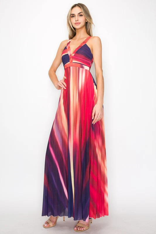 Carrie Sleeveless Abstract Print Pleated Maxi Dress Red