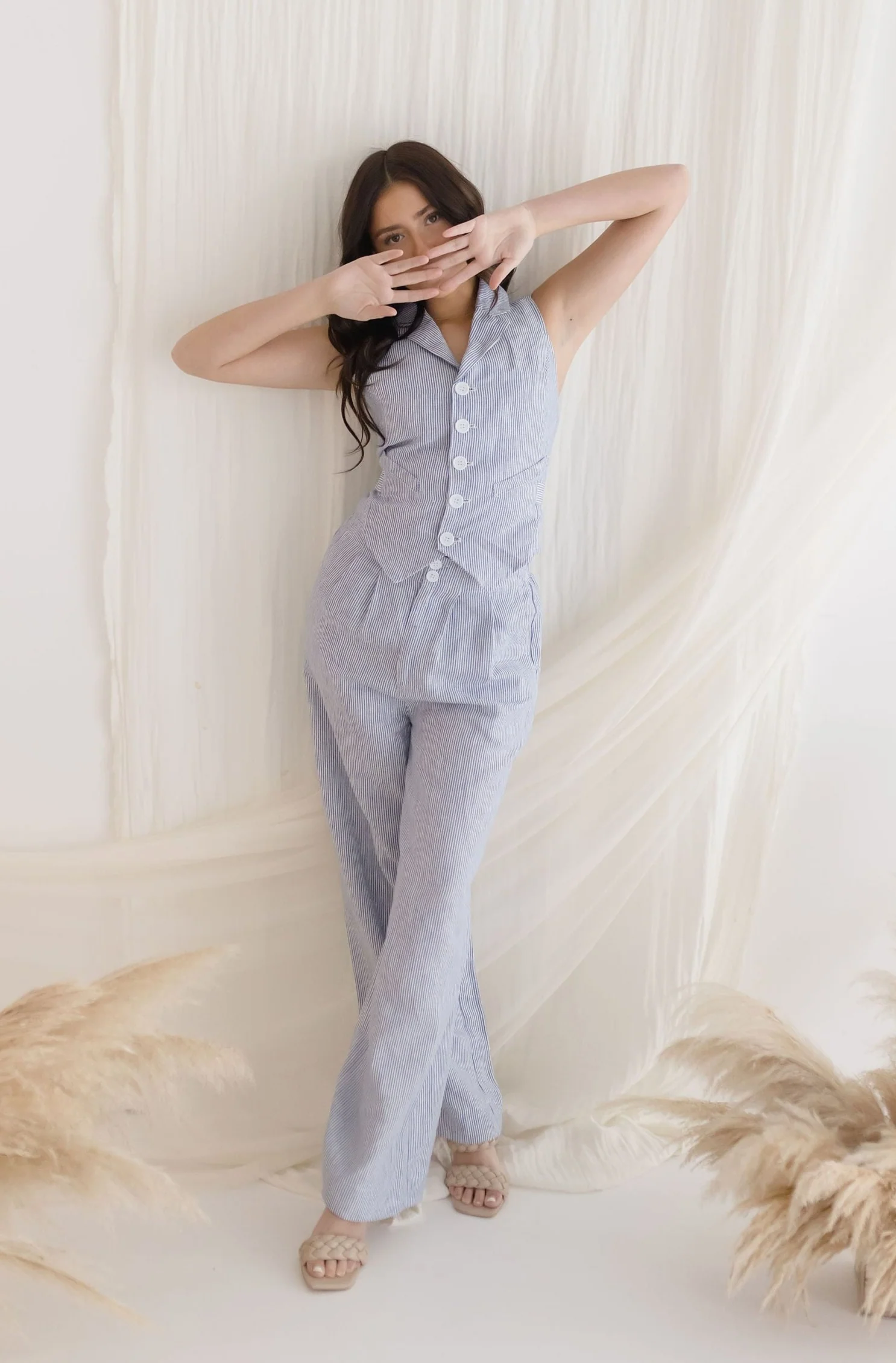 Julie Stripe Print Wide Leg Linen Pants Blue