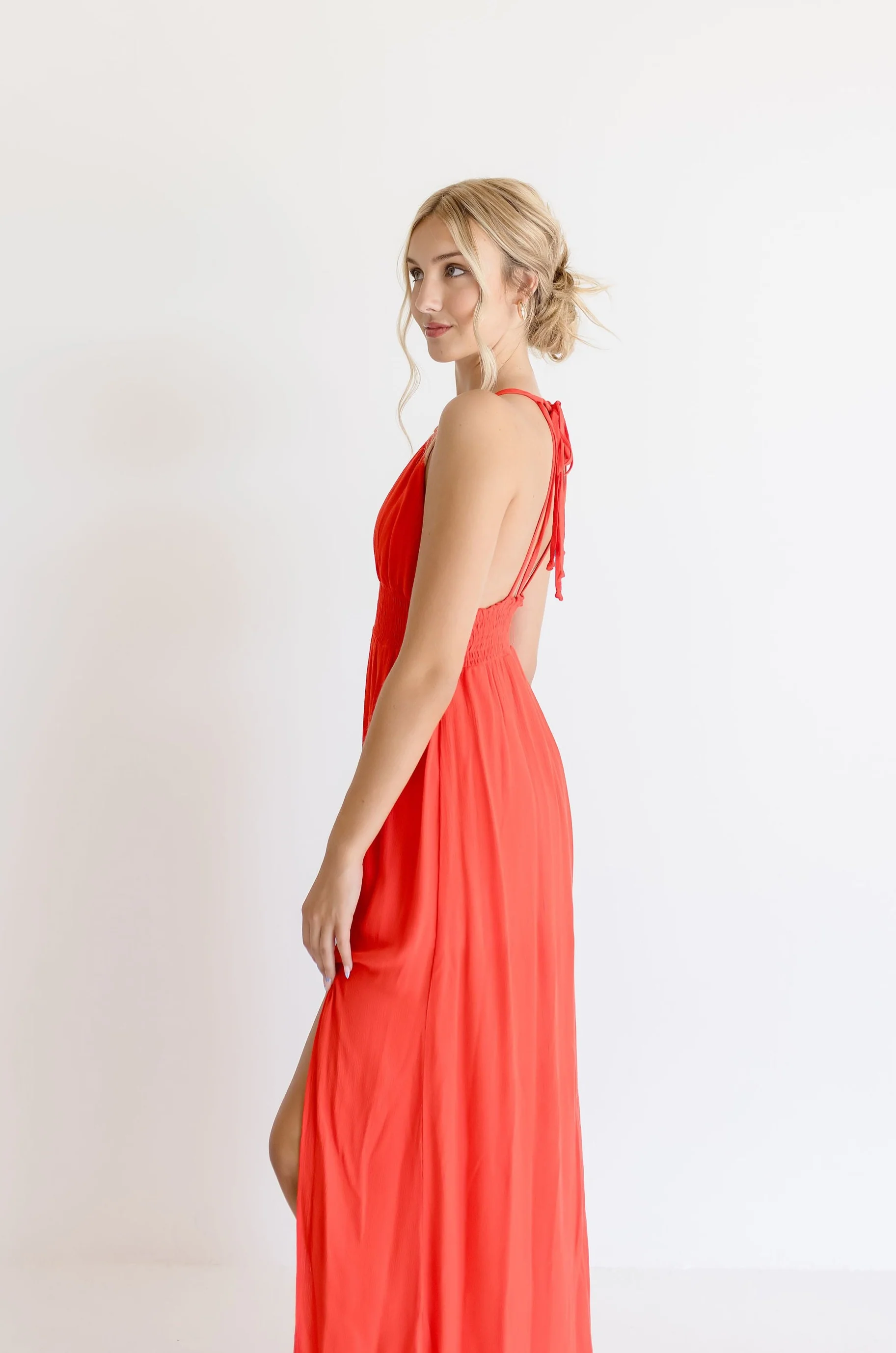 Astrid Open Back Halter Tie Maxi Dress Red