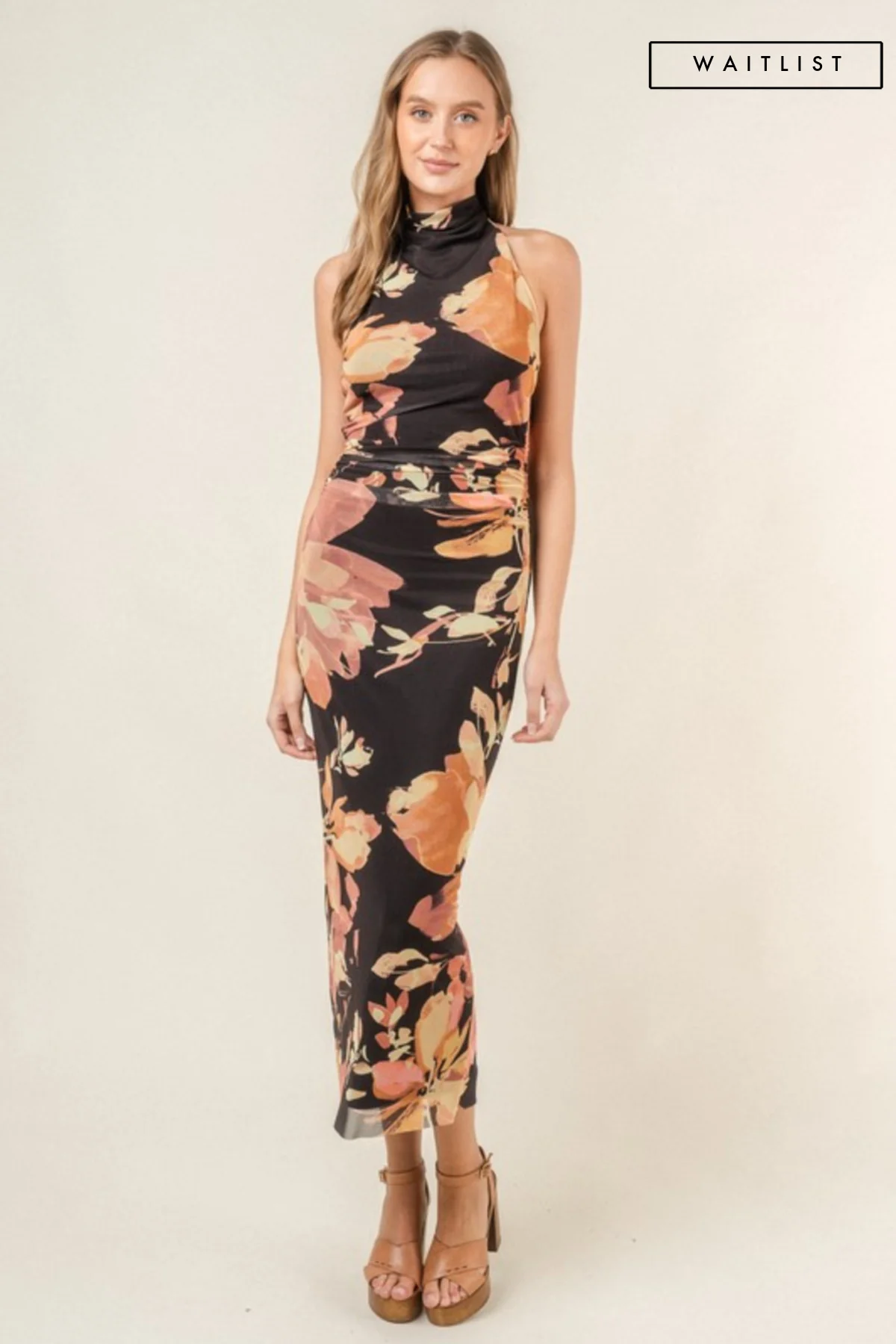 Waitlist 10/20 ♥ Marjorie Halter Neck Floral Print Mesh Midi Dress Black