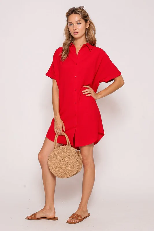 Gabby Short Sleeve Button Down T-Shirt Mini Dress Red