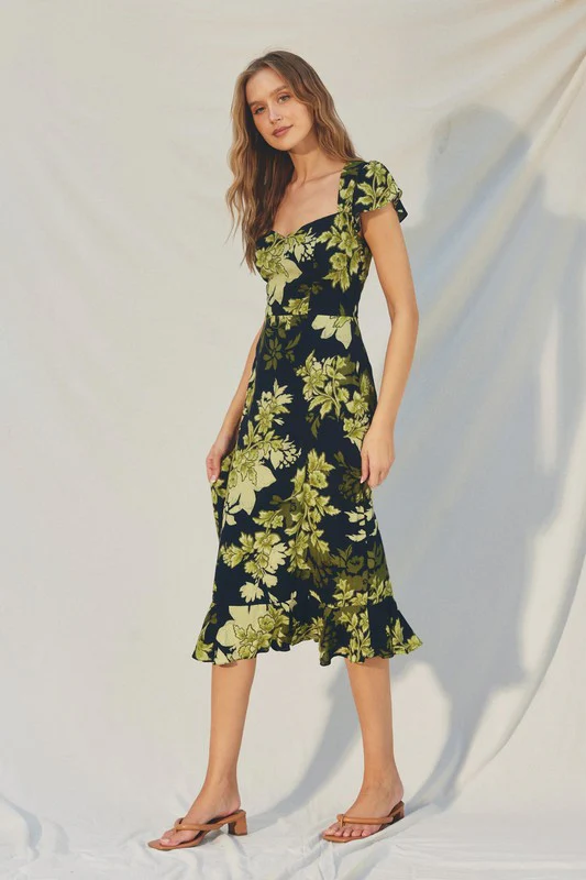 Carmen Short Cap Sleeve Floral Print Midi Dress Black