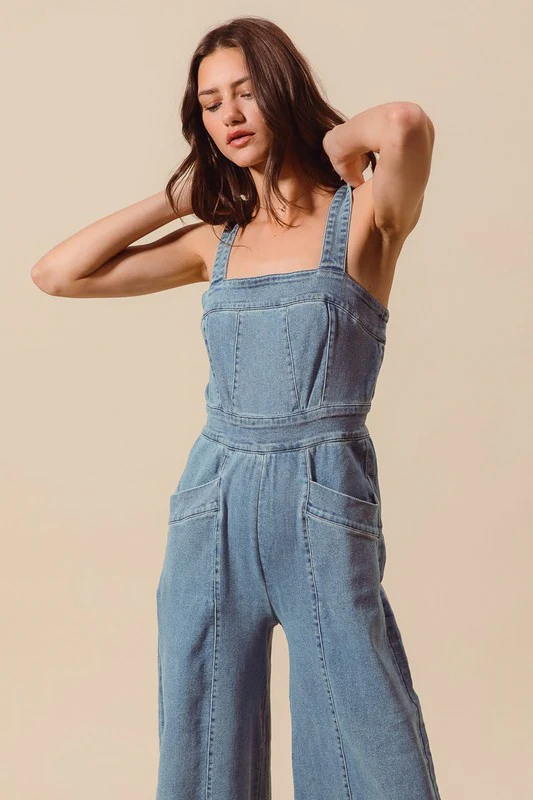 Cassidy Sleeveless Wide Leg Denim Jumpsuit Light Wash