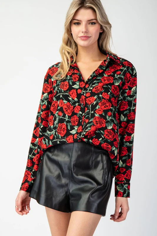 Iris Long Sleeve Rose Print Button Down Top Black