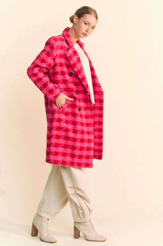Waitlist 10/9 ♥ Madison Long Sleeve Houndstooth Print Tweed Coat Pink