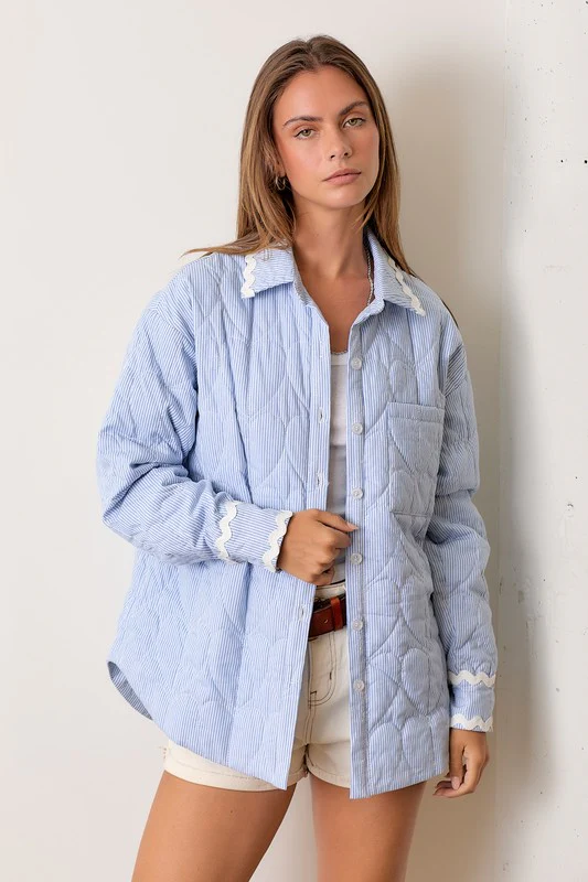 Waitlist 10/2 ♥ Caylee Long Sleeve Stripe Print Button Down Quilted Jacket Blue