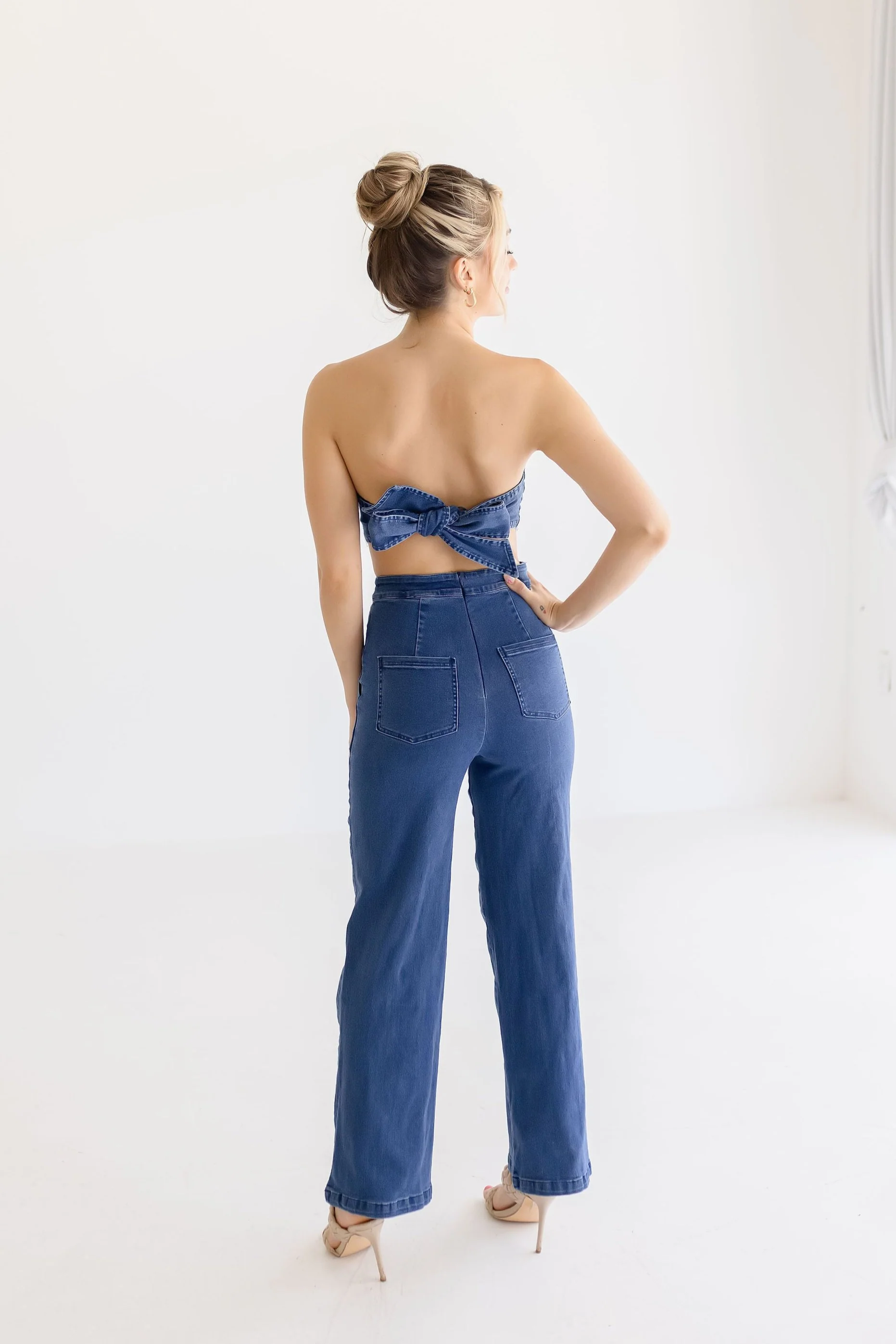 Charli Sleeveless Back Tie Wide Leg Denim Jumpsuit Dark Wash