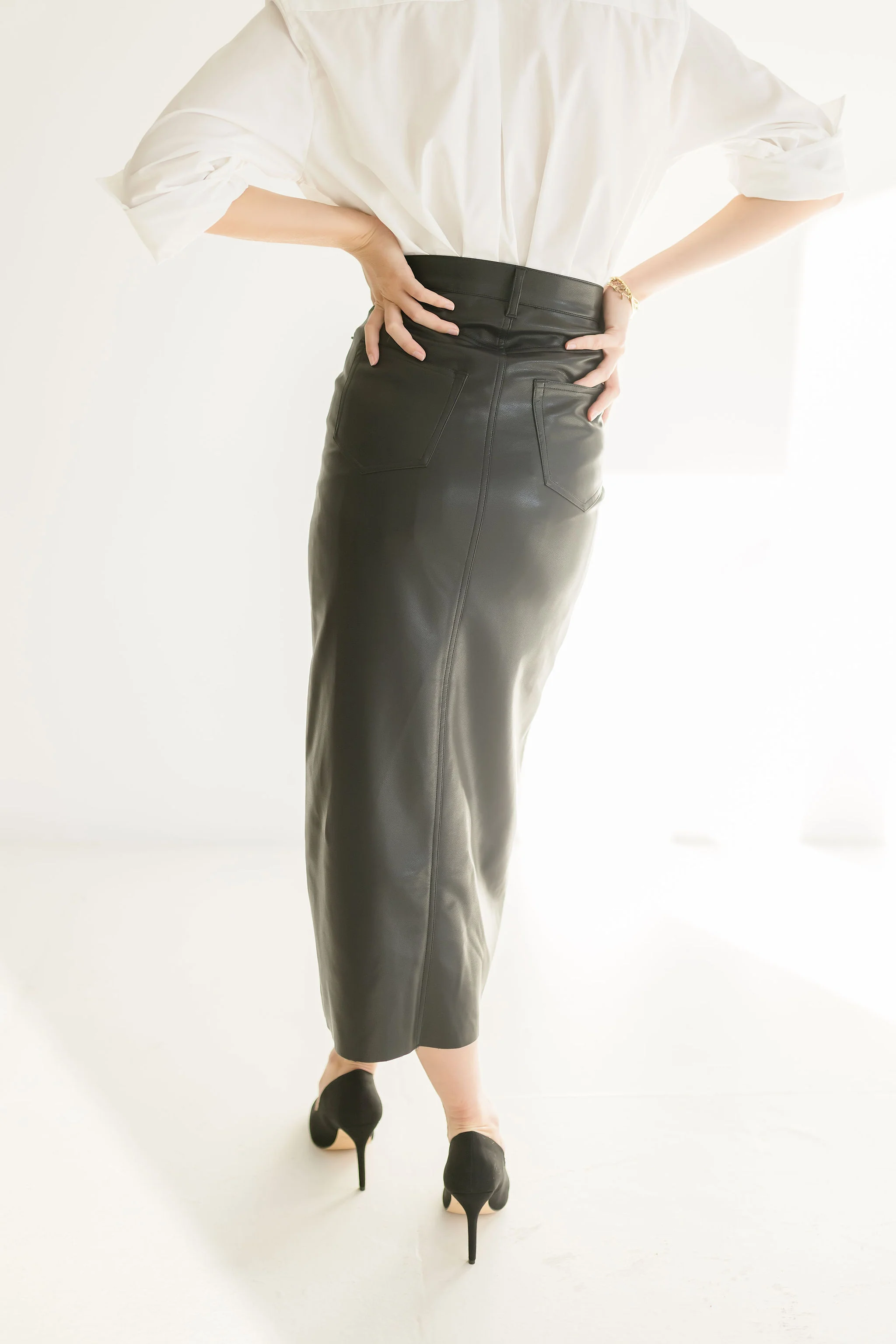 Jana High Waist Crossover Faux Leather Midi Skirt Black