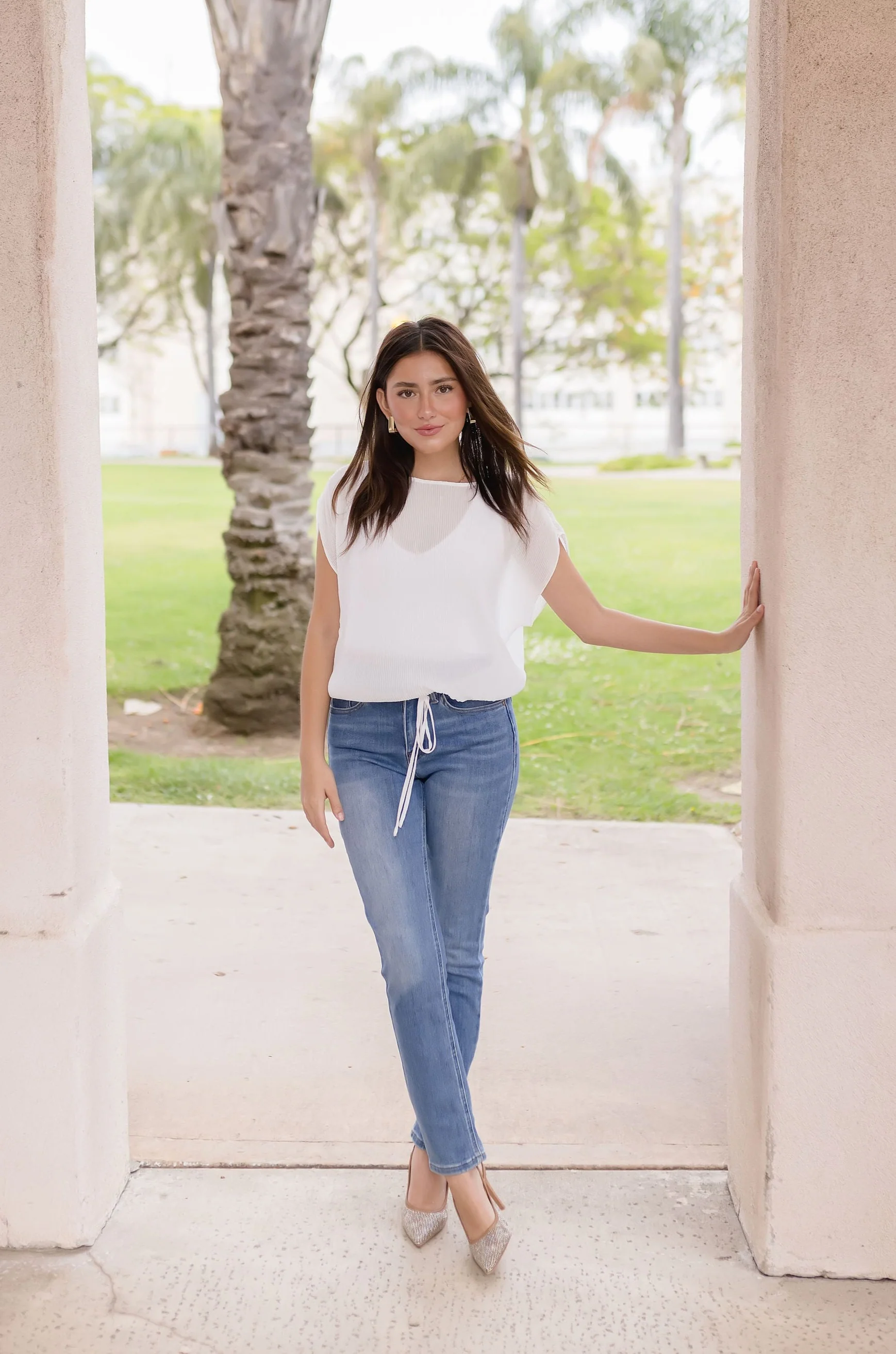 Serena Pleated Cinched Waist Top White