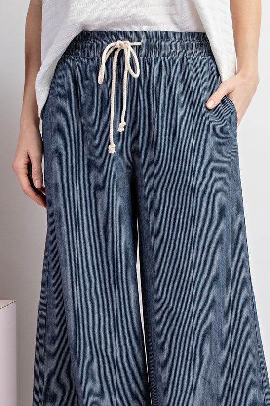 Marissa Drawstring Pinstripe Wide Leg Pants Navy