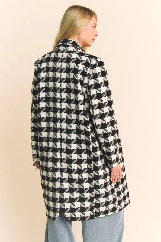 Watilist 9/18 ♥ Madison Long Sleeve Houndstooth Print Tweed Coat Black