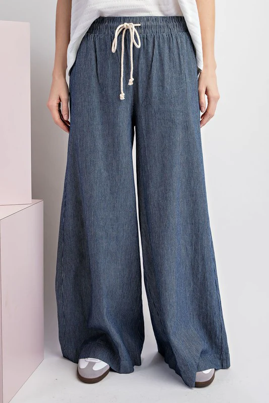 Marissa Drawstring Pinstripe Wide Leg Pants Navy