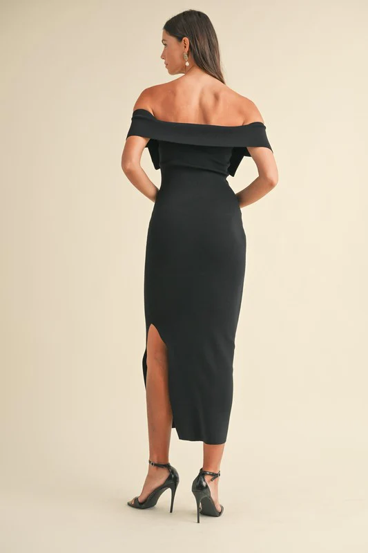 Waitlist 10/26 ♥ Chantelle Off The Shoulder Bow Knit Midi Dress Black