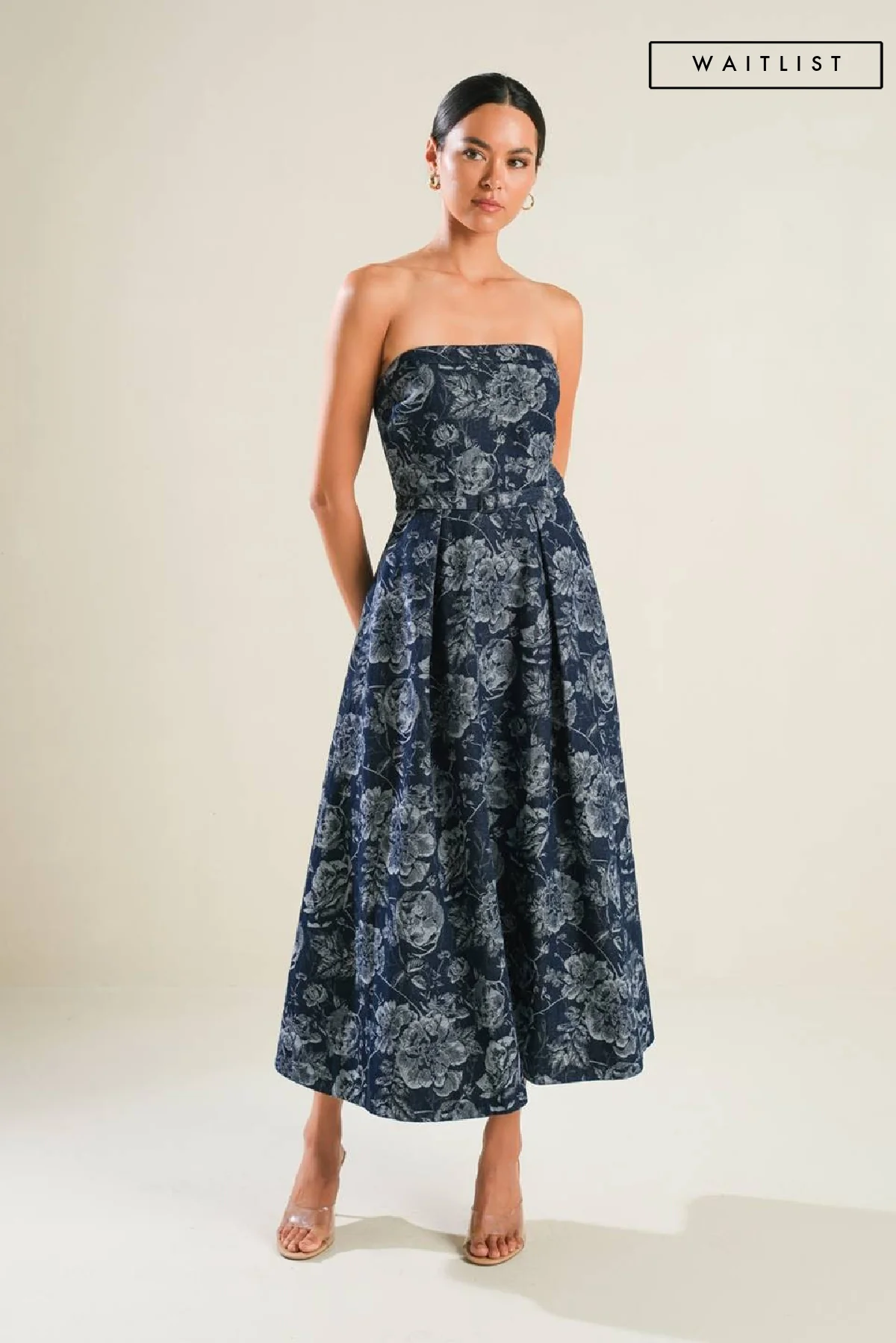 Waitlist 10/25 ♥ Florence Sleeveless Floral Print Belted Denim Midi Dress Blue