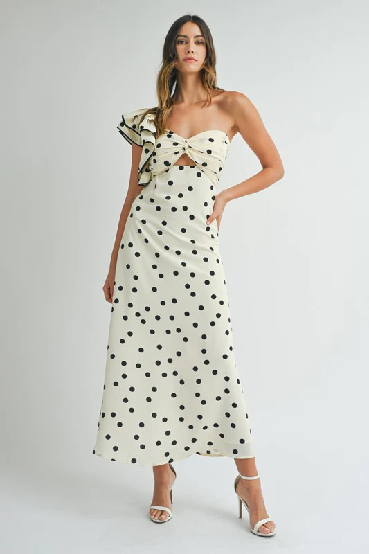 Monique One Shoulder Polka Dot Print Maxi Dress Cream