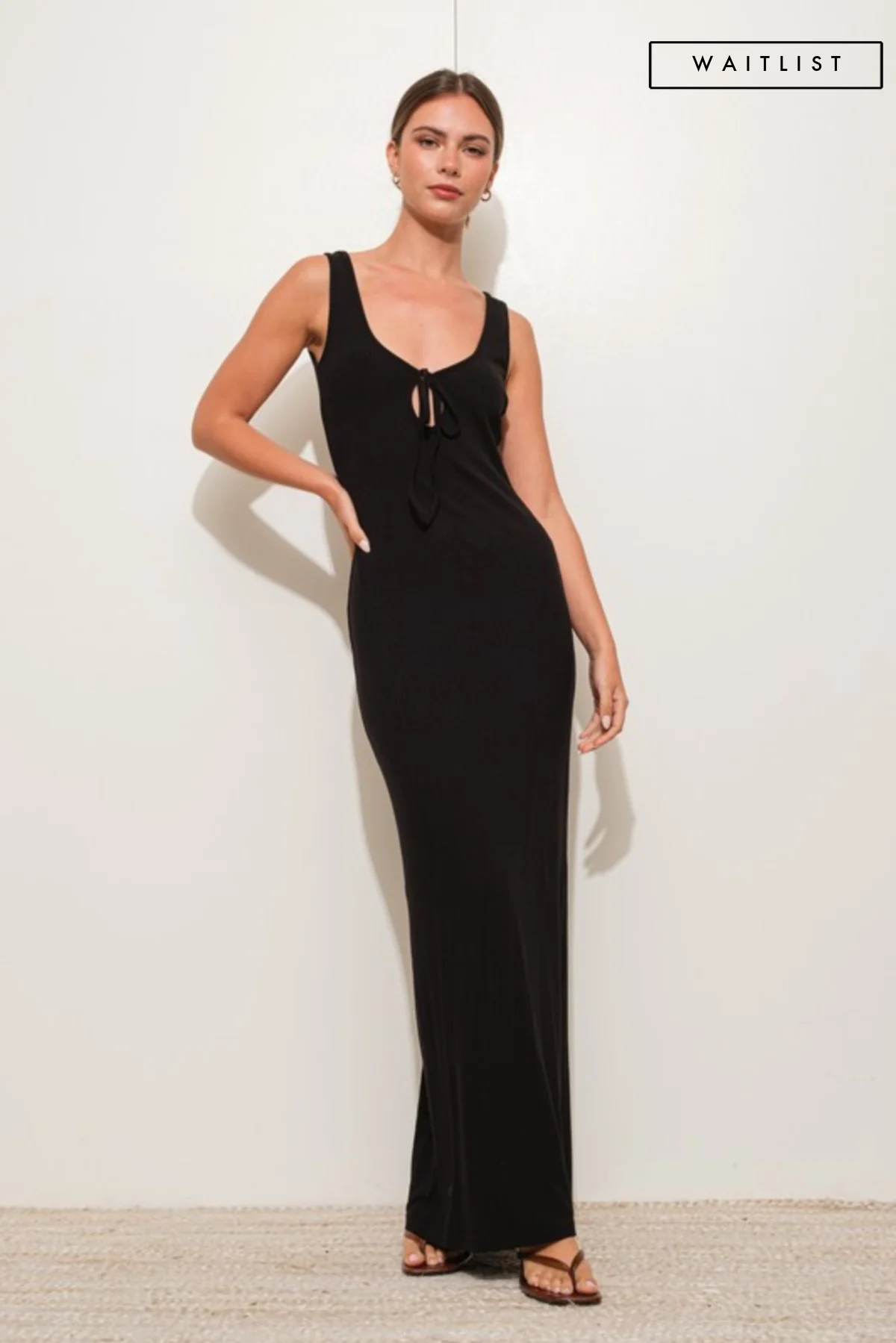 Watilist 9/4 ♥ Kellan Sleeveless Front Tie Ribbed Knit Maxi Dress Black