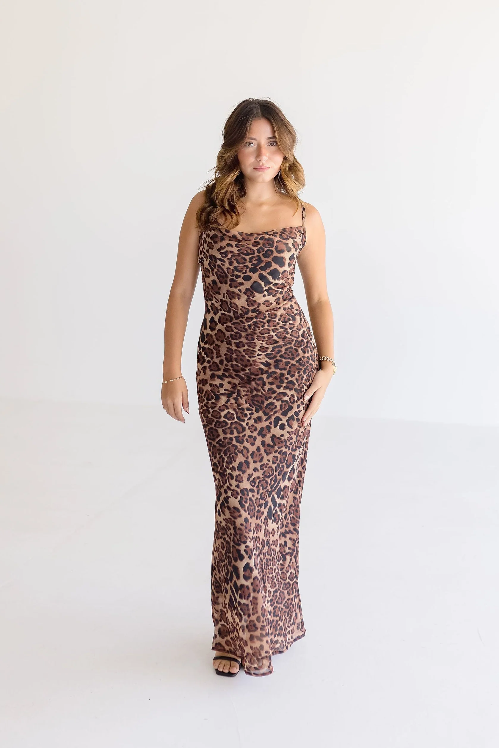 Rebecca Sleeveless Cowl Neck Leopard Print Midi Dress Brown