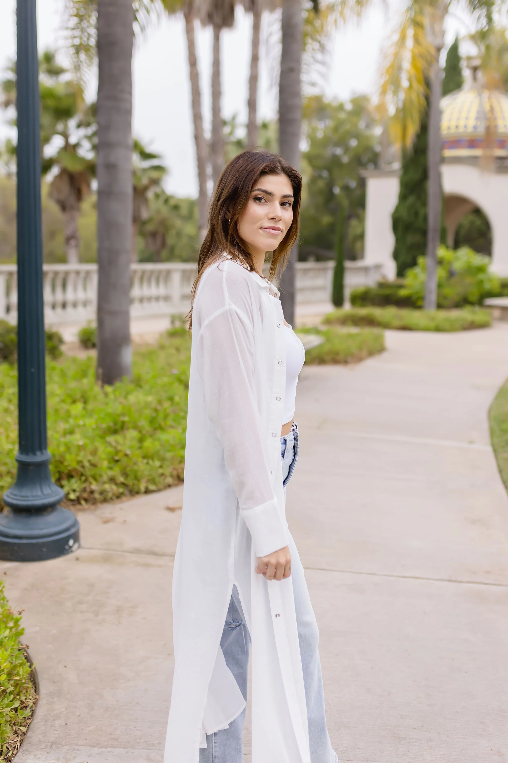 Donna Long Sleeve Snap Button Down Shirt Dress White