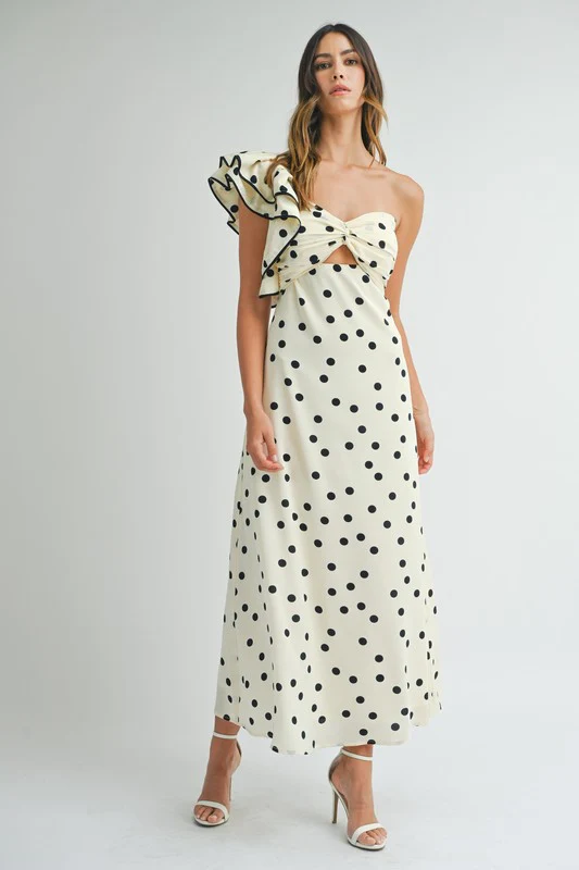 Monique One Shoulder Polka Dot Print Maxi Dress Cream