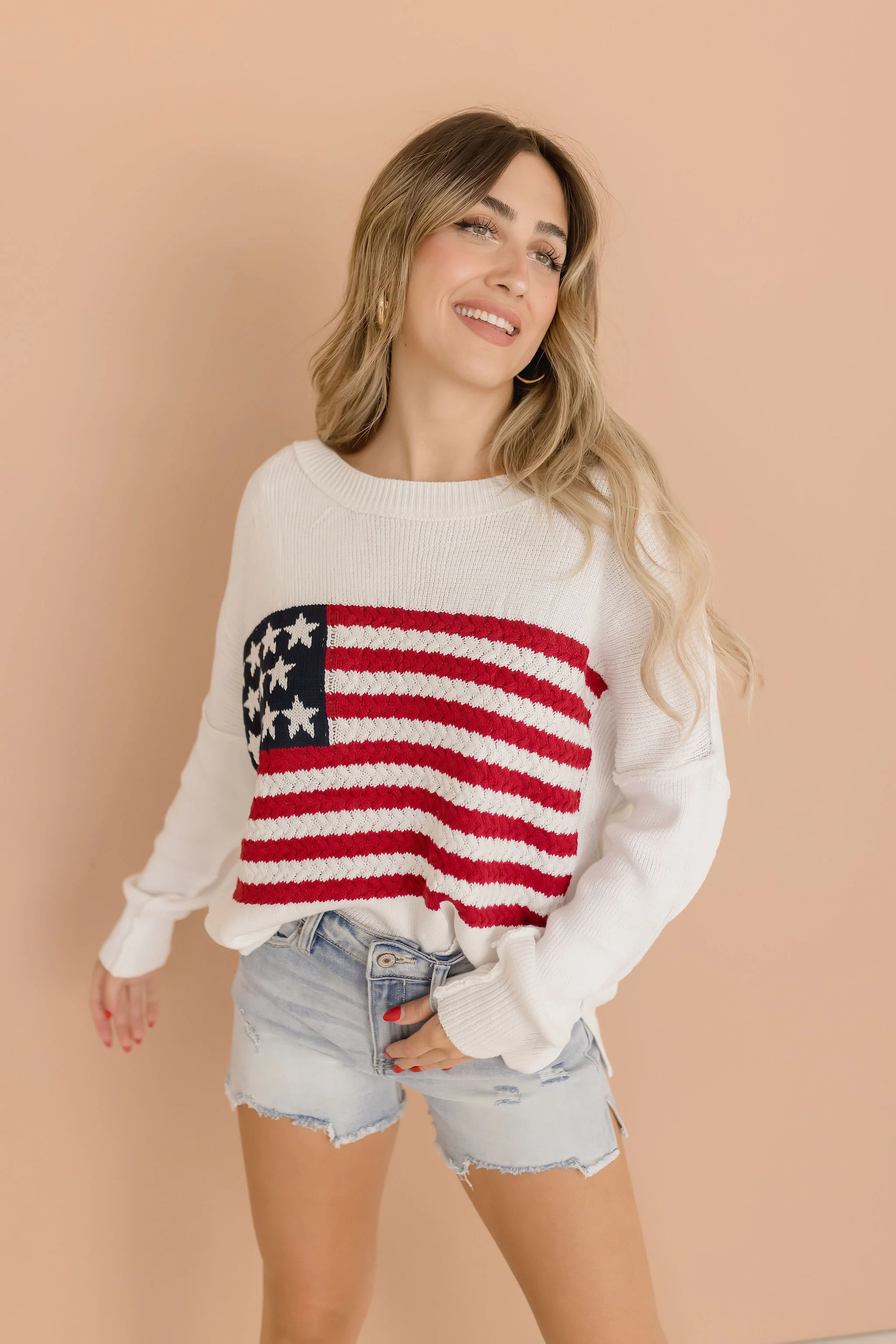 America Flag Print Sweater Top White