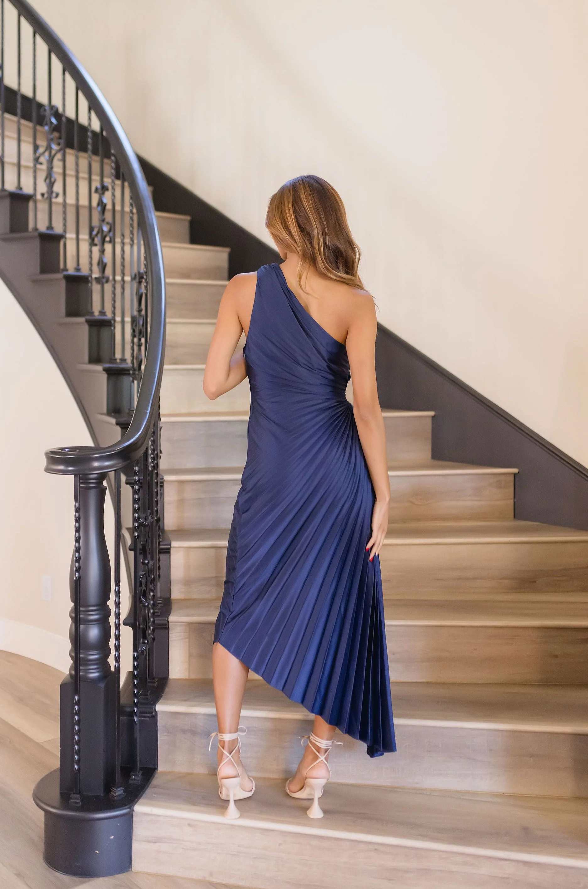 Skye One Shoulder Pleated Maxi Dress Navy