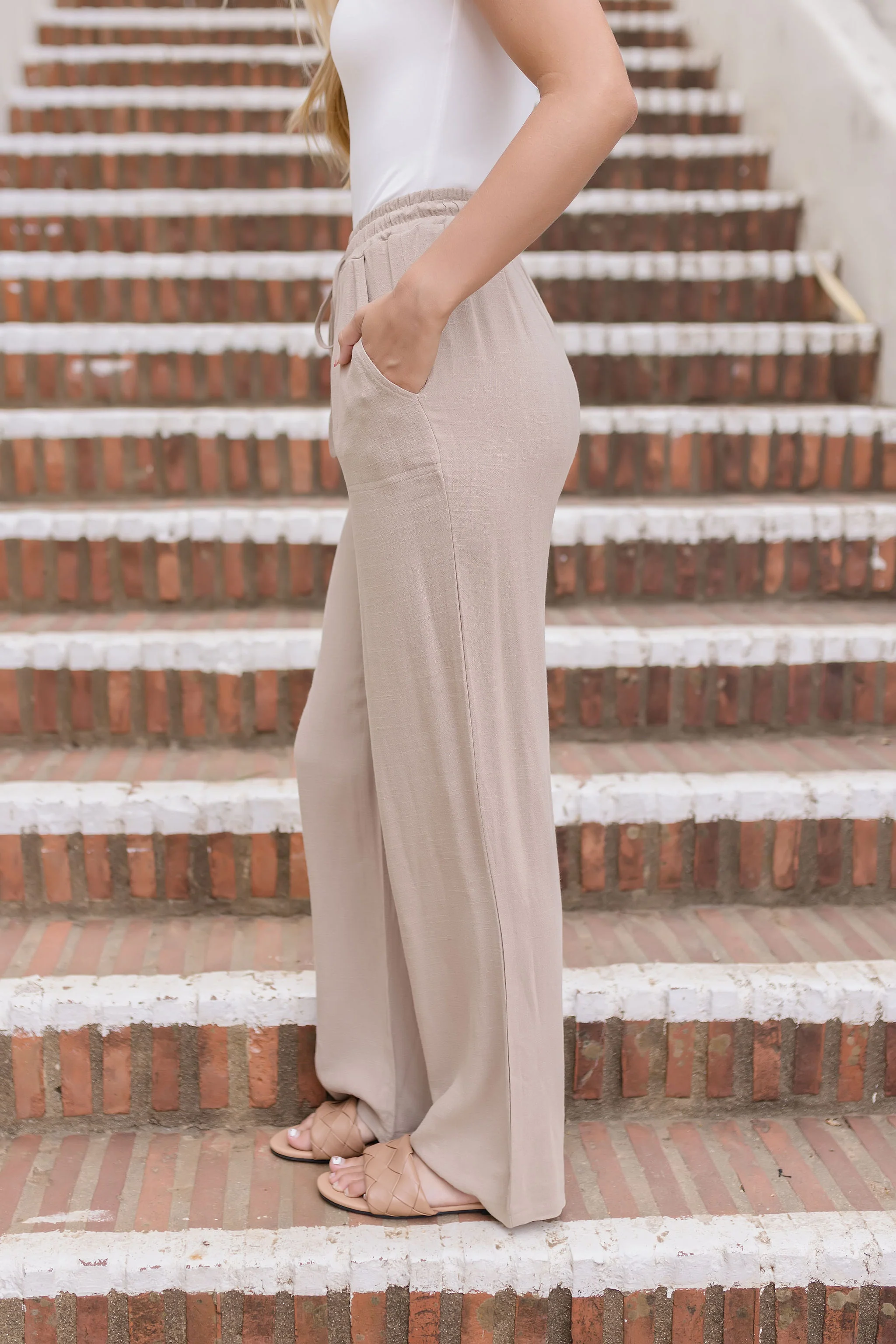 Janis Drawstring Linen Wide Leg Pants Taupe