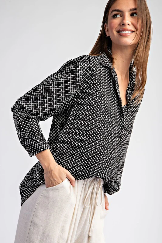 Harper Long Sleeve Geometric Print Button Down Top Black