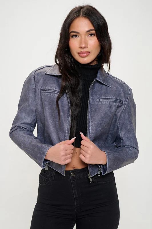 Avery Vegan Leather Cropped Bomber Jacket Navy