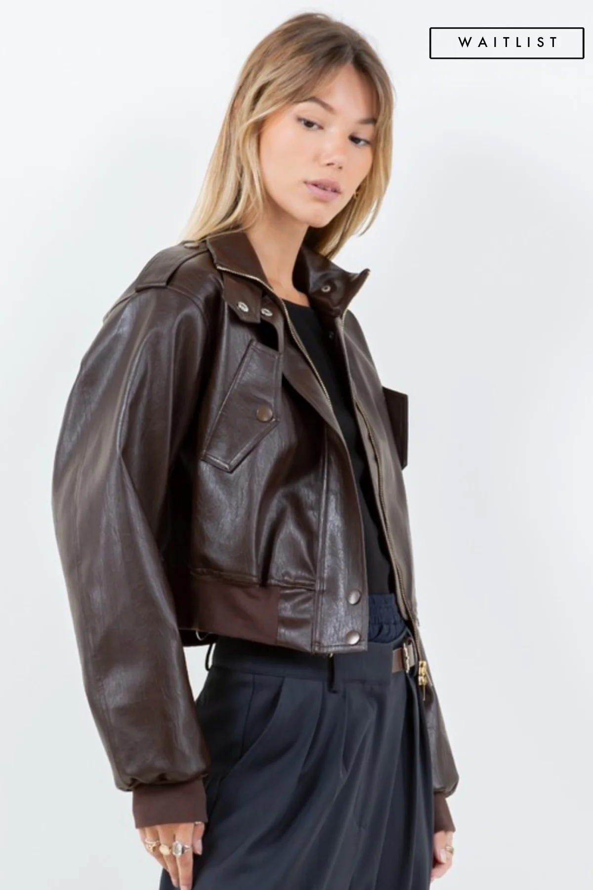 Waitlist 9/30 ♥ Aria Vegan Leather Cropped Bomber Jacket Brown