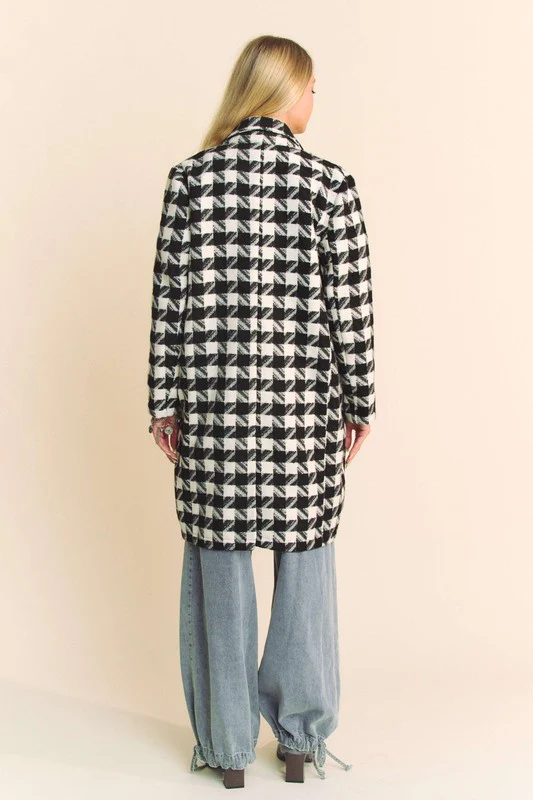 Watilist 9/18 ♥ Madison Long Sleeve Houndstooth Print Tweed Coat Black