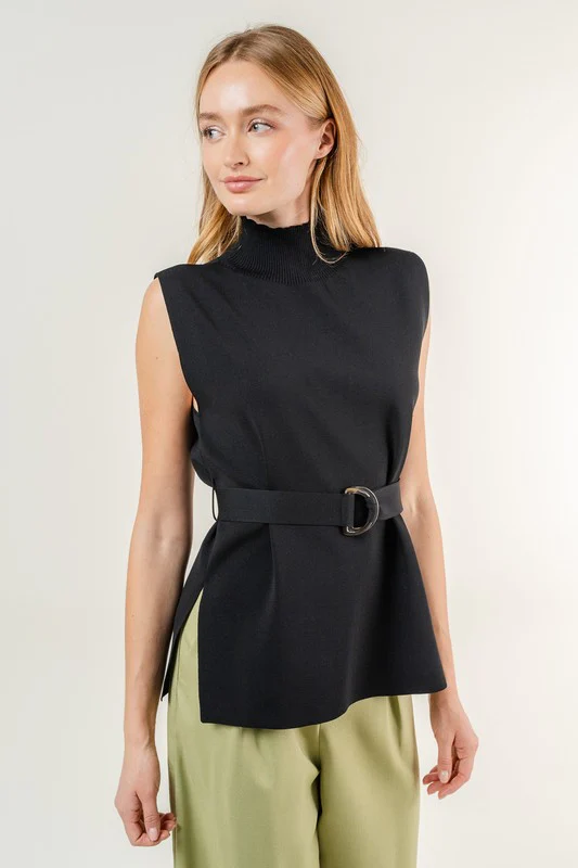 Holland Sleeveless Mock Neck Belted Top Black