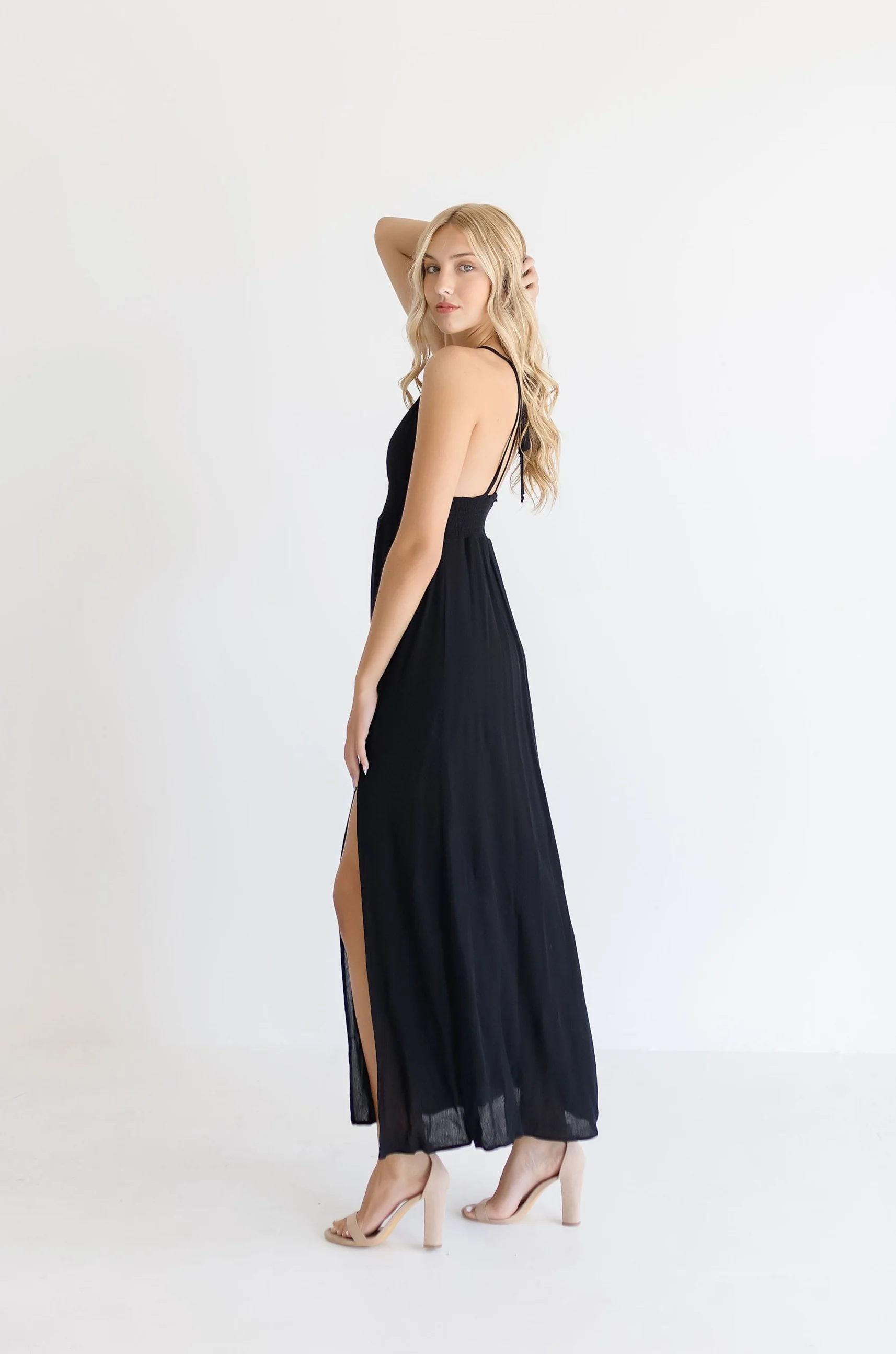 Astrid Open Back Halter Tie Maxi Dress Black