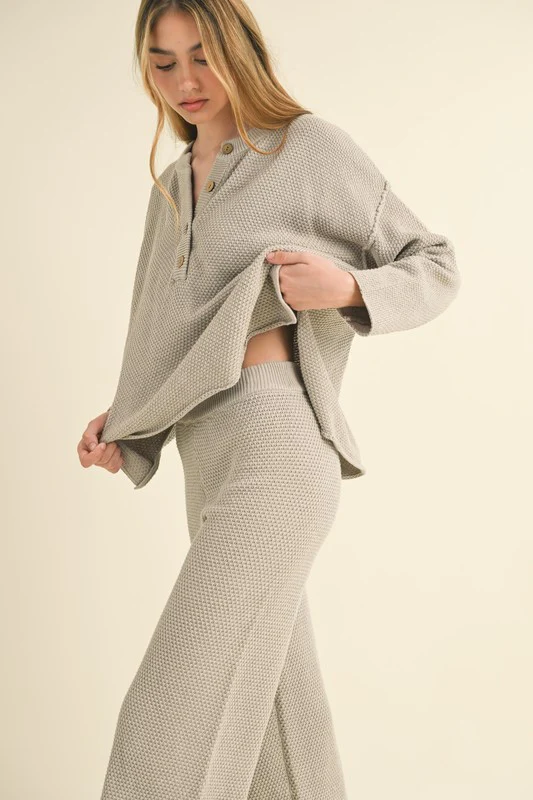 Waitlist 10/16 ♥ Camila Long Sleeve Waffle Knit Sweater Top And Pants Set Grey